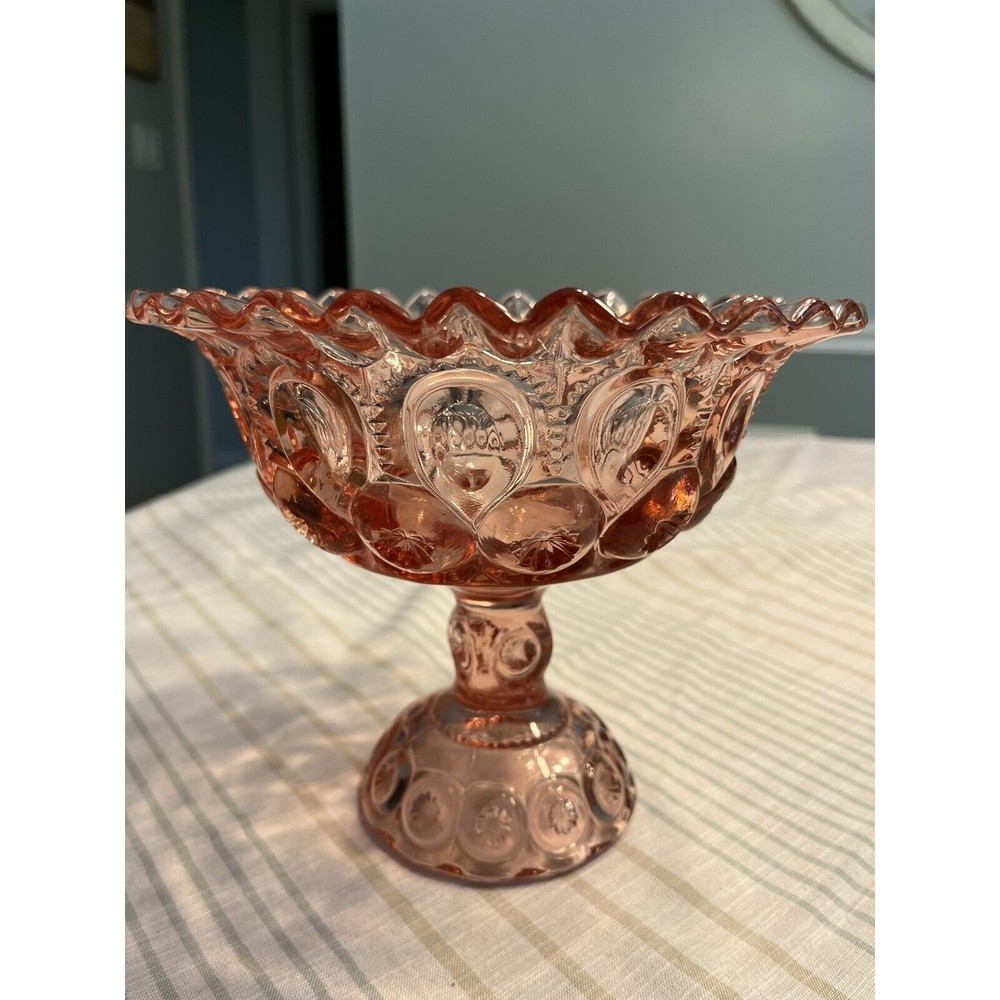 Vintage LE Smith Moon Stars Pink Glass Ruffled Compote Candy Bowl Pedestal